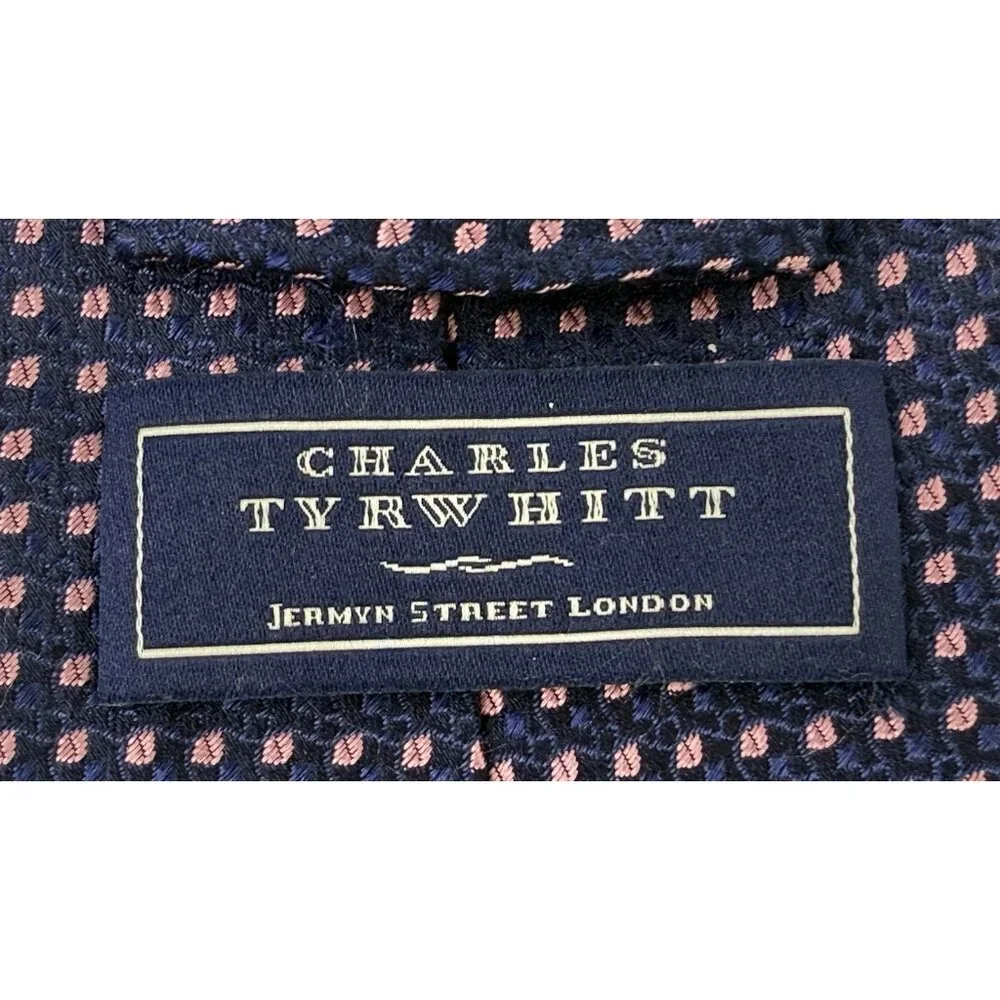 CHARLES TYRWHITT 100% Silk Necktie Designer Indigo Blue Pink Geometric Print EUC